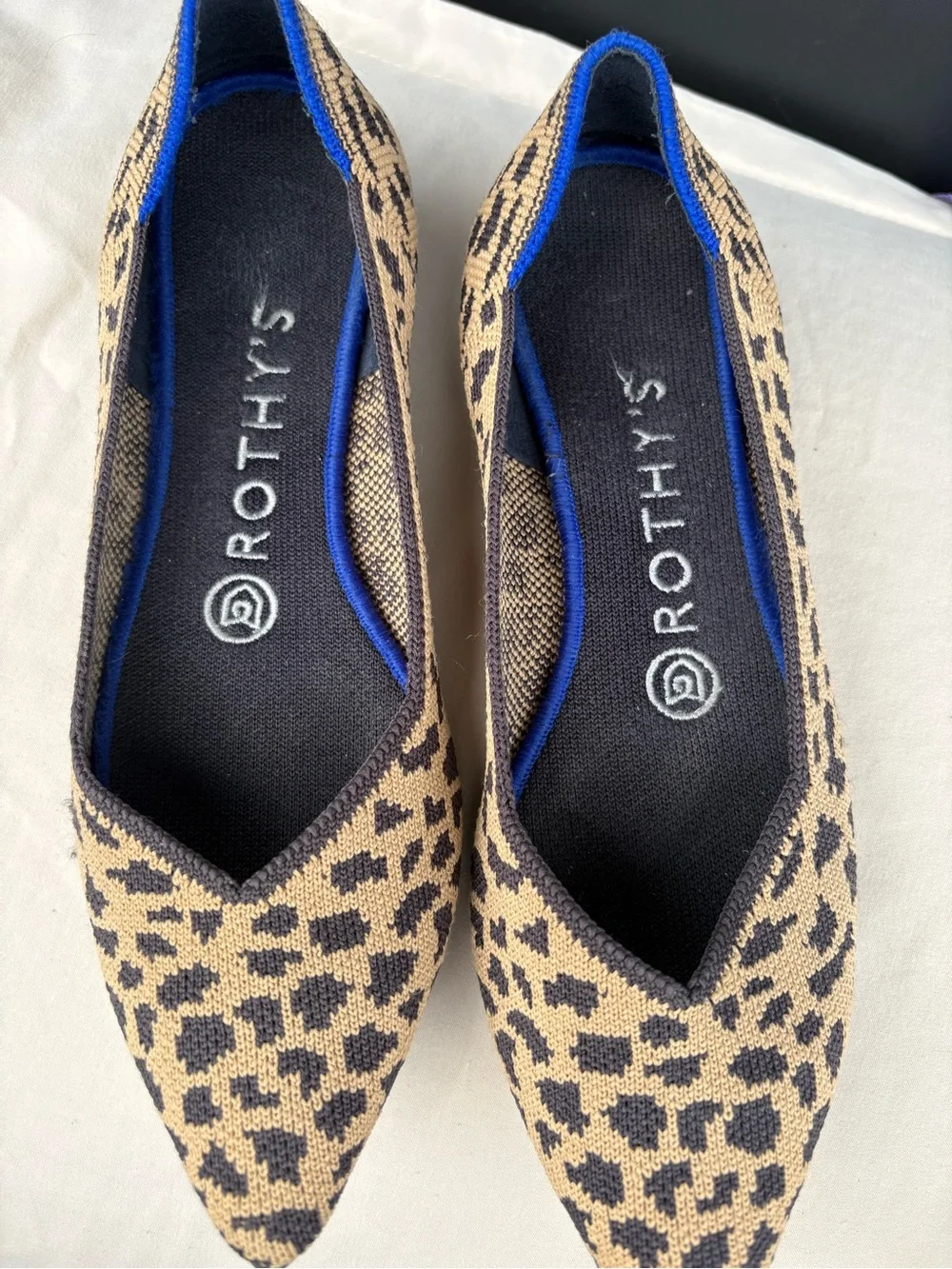 RARE Discontinued Rothy's Leopard Print Pointed-Toe Flats with Blue Trim 6.5